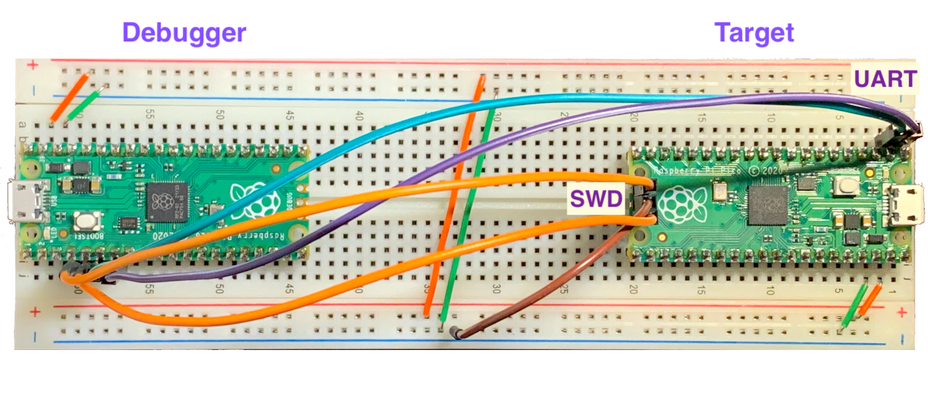 A Raspberry Pi Pico wired to debug another Pico